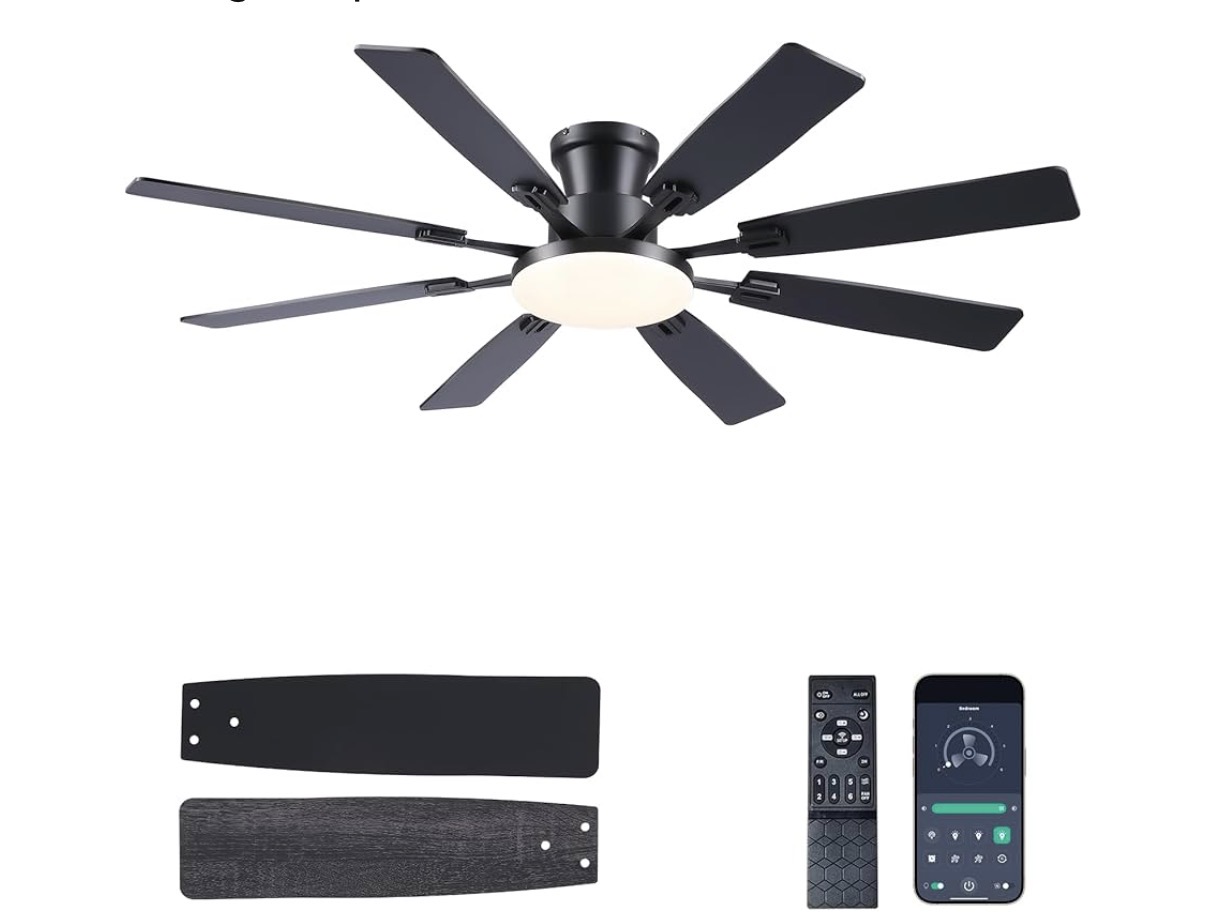 JSAITEE 60Inch Ceiling Fan with Lights and Remotes, Large Low Profile Flush Mount Ceiling Fans,DC Reversible Motor, 3CCT Dimmable,Noiseless,Dual Finish, Black 6 Speeds Ceiling Fan for Indoor/Outdoor