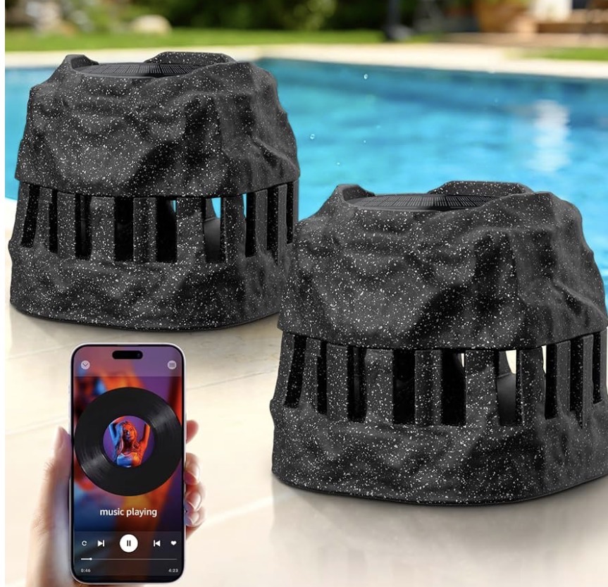 2-Pack Solar Powered Rock Speakers Waterproof Patio TWS Pair, 2 in 1 Charging, Rechargeable Outdoor Rock Speaker, IP44 for Pool Party Yard Outside Garden(Black)