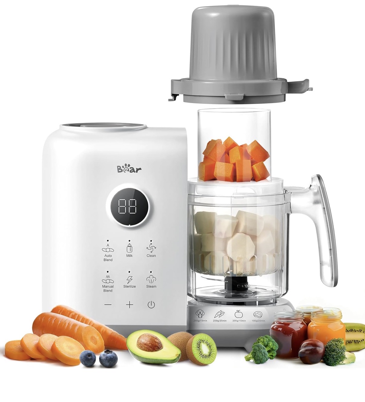 Bear Baby Food Maker with 18.5oz Dual-Layer Steam Baskets, OneStep Baby Food Processor Steamer Puree Blender Grinder Mills, Auto Cooking Grinding&Sterili-zing for Healthy Homemade Baby Food, BPA-Free