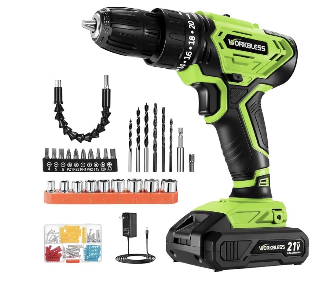 WORKBLESS Cordless Drill, Power Drill Set with 1 Battery and Charger, 40Nm, 20+1 Torque, 2 Speed, Keyless 3/8" Electric Screwdriver with LED Light, 28pcs Drill Bits Set(Green)