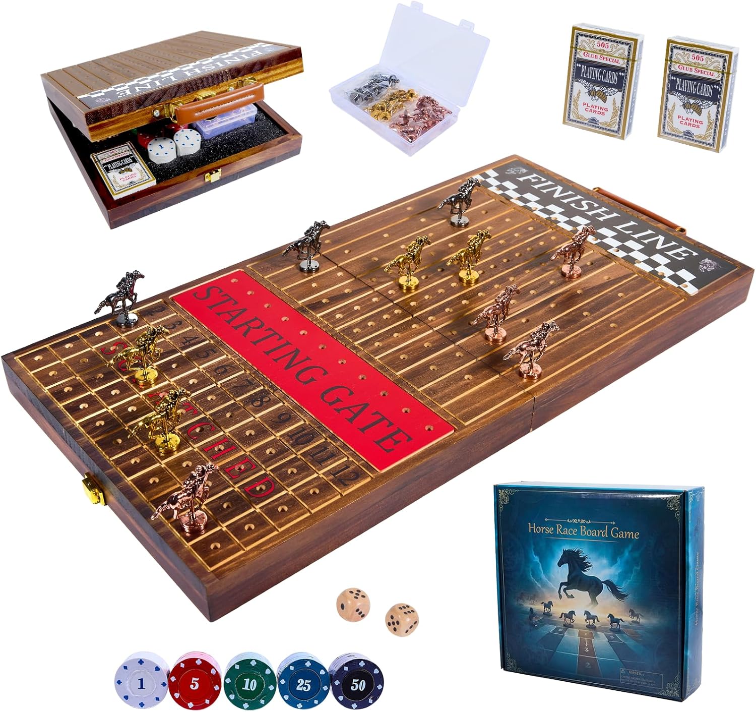 Horse Race Board Game - 23 Inch Solid Wood Foldable Racing Game with Cards Dice &amp; Metal Horses, Portable Adult Family Set for Party Travel &amp; Gifts