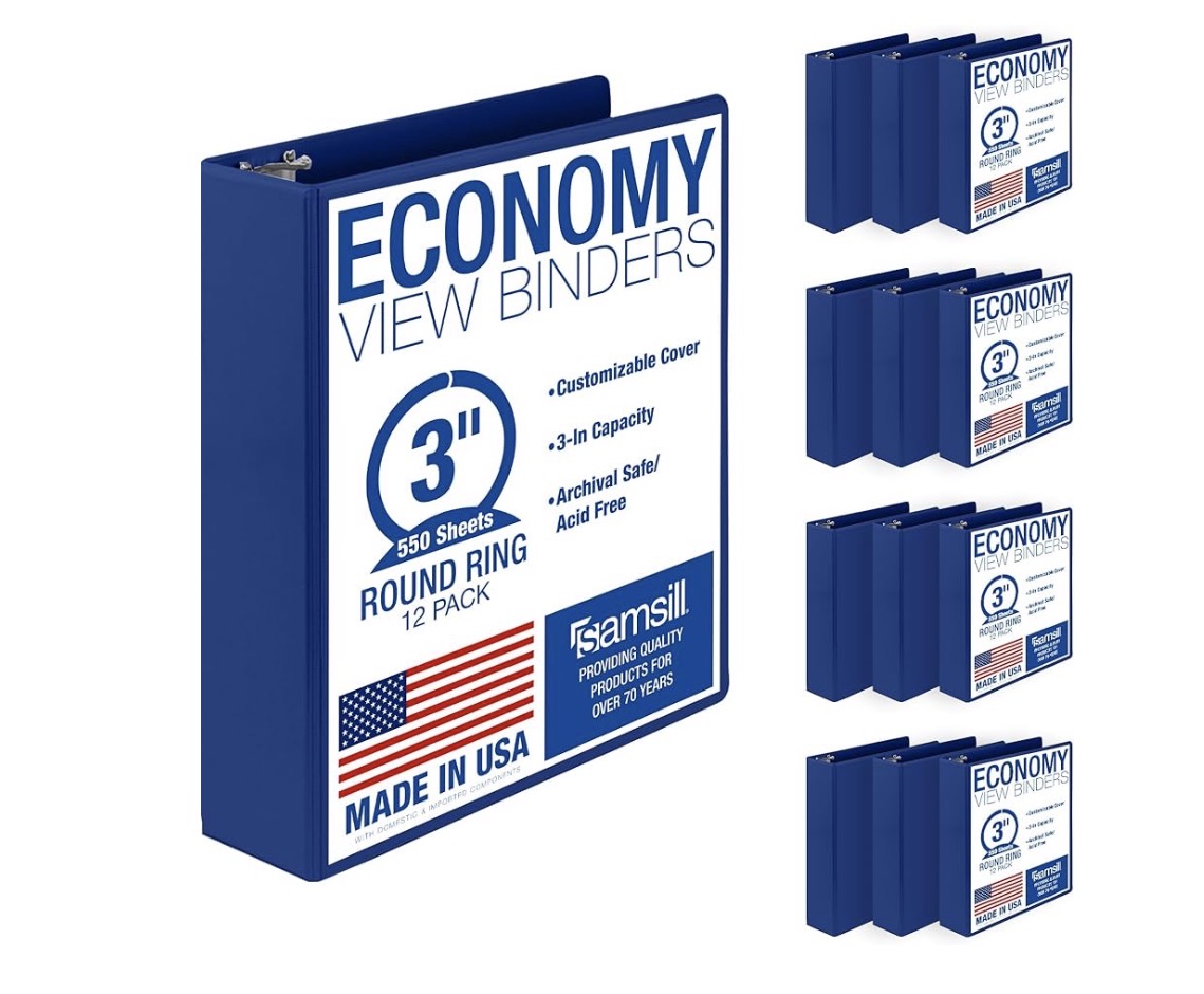 Samsill 3 Inch 3 Ring Binders, Economy Round Ring, Clear View Cover, 550 Sheet Capacity - for School, Home, Office - Blue, 12 Pack
