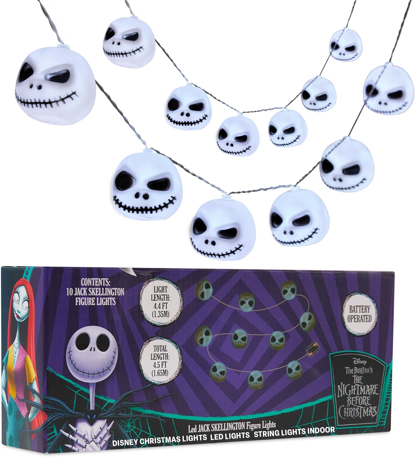 Disney The Nightmare Before Christmas LED String Lights for Kids, Teens, Adults, 10 Jack Skellington 65” Fairy Lights, Gifts for Kids (White Nightmare Before Christmas)
