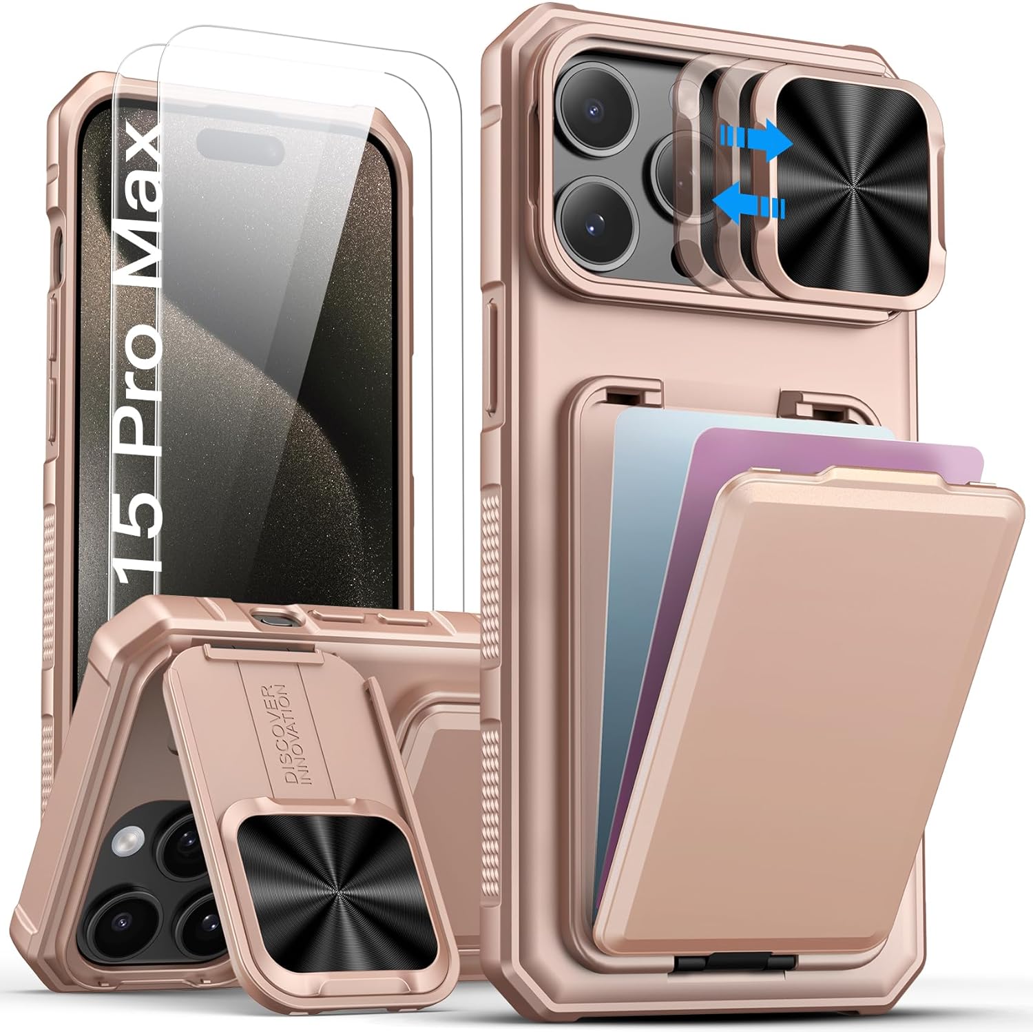 SSLOTSCASE for iPhone 15 Pro Max Case with 2X Glass Screen Protector, HD Clarity Anti-Scratch, Card Holder & Kickstand & Slide Lens Cover, Rugged Women Men Phone Cover for iPhone 15 Pro Max, Rose Gold