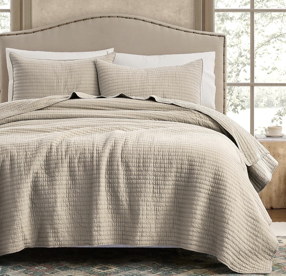 WDCOZY 100% Cotton Queen Size Quilt Set - Beige Neutral Striped Pick Stitch Soft Lightweight Bedspread, Textured Like Linen, Farmhouse Country Rustic Coverlet, Shabby Chic Gauze Bedding, 3 Pieces