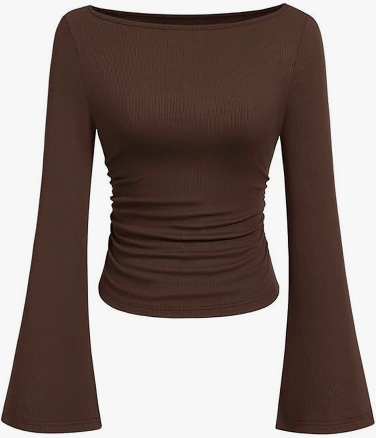 Women's Bell Long Sleeve Shirts 2026 Spring Boat Neck Crop Going Out Trendy Tops Ribbed Ruched Y2K Clothes